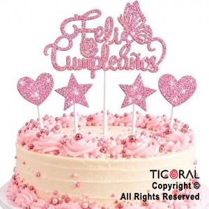 CAKE TOPPER FELIZ CUMPLEA�OS CON ESTRELLAS Y CORAZONES GIBRE ROSA